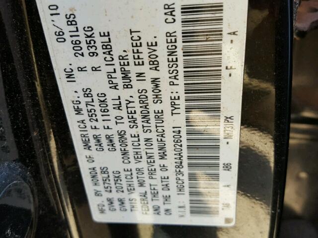 1HGCP3F84AA026041 - 2010 HONDA ACCORD EXL BLACK photo 10