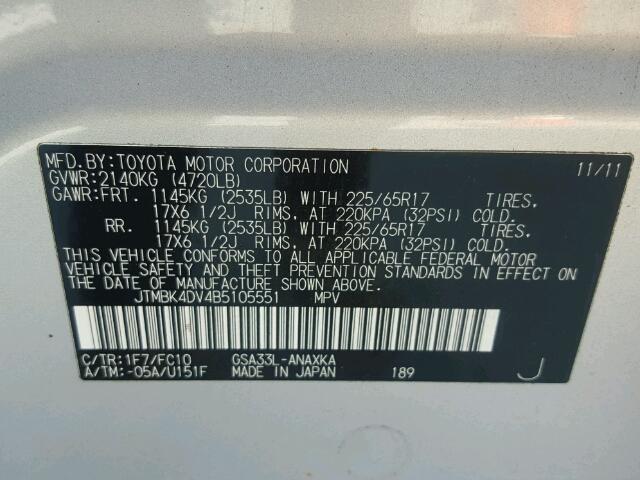 JTMBK4DV4B5105551 - 2011 TOYOTA RAV4 SILVER photo 10