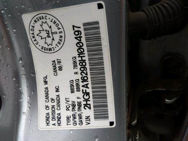 2HGFA16298H100497 - 2008 HONDA CIVIC DX SILVER photo 9