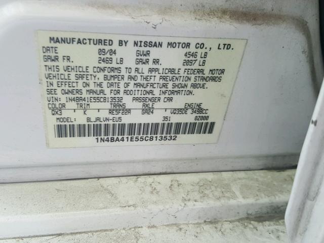 1N4BA41E55C813532 - 2005 NISSAN MAXIMA SE WHITE photo 10