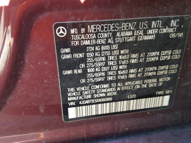 4JGAB72E5XA060999 - 1999 MERCEDES-BENZ ML 430 MAROON photo 10