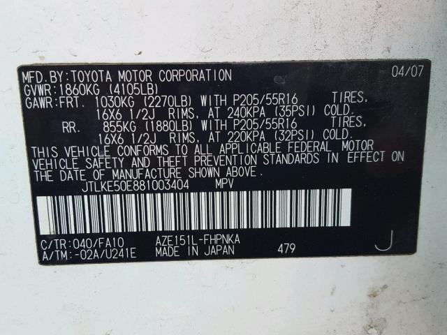 JTLKE50E881003404 - 2008 TOYOTA SCION XB Ağ foto 10