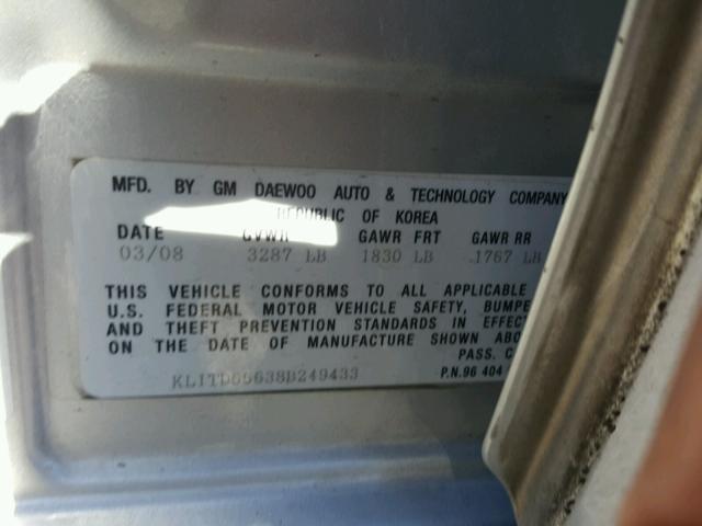 KL1TD66638B249433 - 2008 CHEVROLET AVEO BASE Argent photo 10