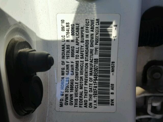 19XFA1F94BE007188 - 2011 HONDA CIVIC EXL 白色 照片 10