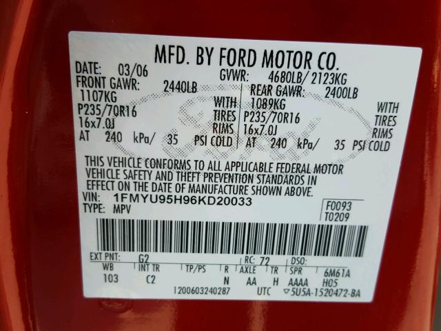 1FMYU95H96KD20033 - 2006 FORD ESCAPE HEV RED photo 10