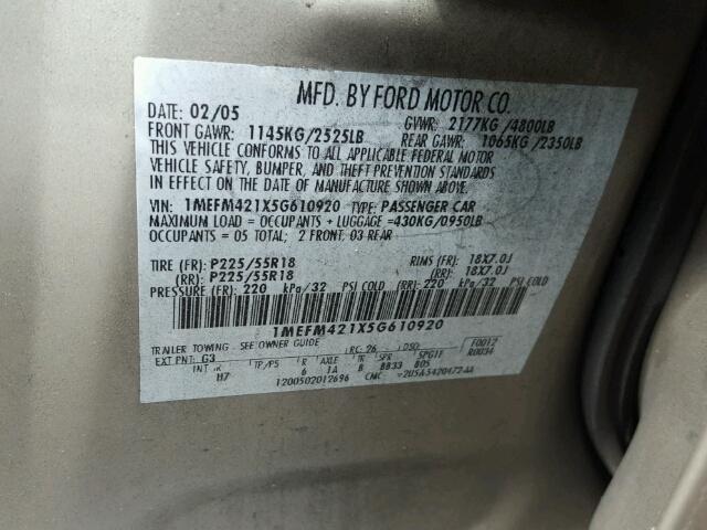 1MEFM421X5G610920 - 2005 MERCURY MONTEGO PR 金色 照片 10