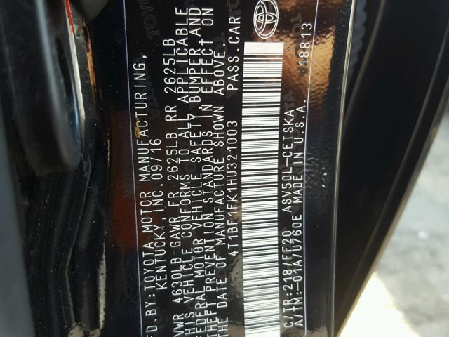 4T1BF1FK1HU321003 - 2017 TOYOTA CAMRY LE Černá fotografie 10