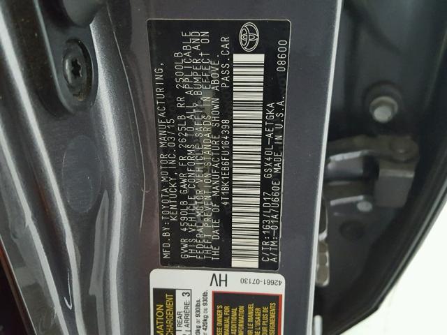 4T1BK1EB6FU164398 - 2015 TOYOTA AVALON XLE GRAY photo 10