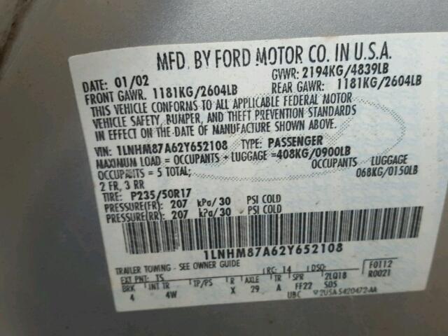 1LNHM87A62Y652108 - 2002 LINCOLN LS ვერცხლისფერი ფოტო 10