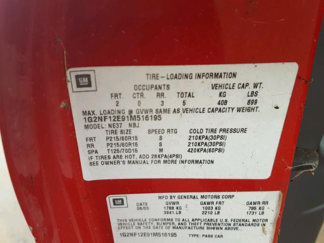 1G2NF12E91M516195 - 2001 PONTIAC GRAND AM S Qırmızı foto 10