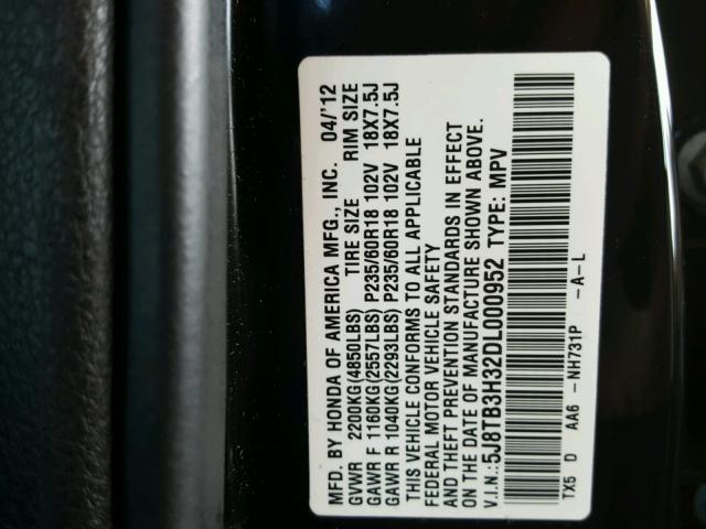 5J8TB3H32DL000952 - 2013 ACURA RDX BASE BLACK photo 10