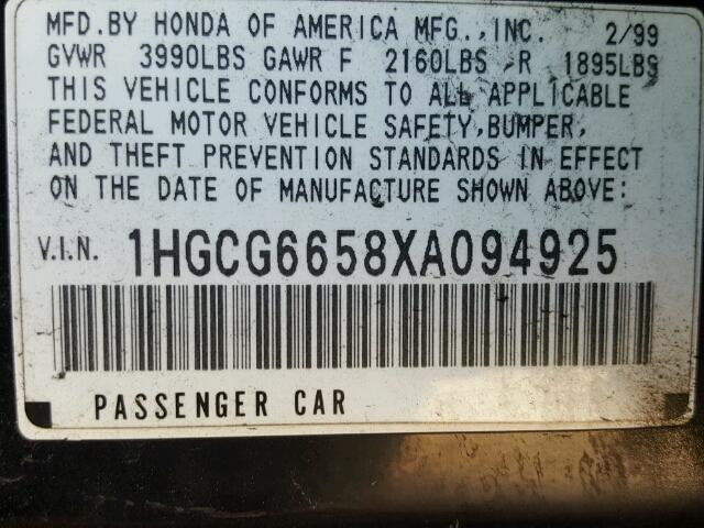 1HGCG6658XA094925 - 1999 HONDA ACCORD BLACK photo 10