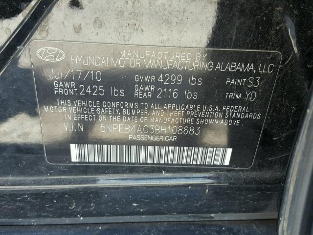 5NPEB4AC3BH108683 - 2011 HYUNDAI SONATA GLS BLACK photo 10