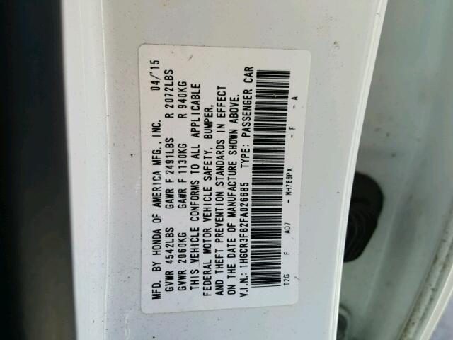 1HGCR3F82FA026685 - 2015 HONDA ACCORD EXL WHITE photo 10