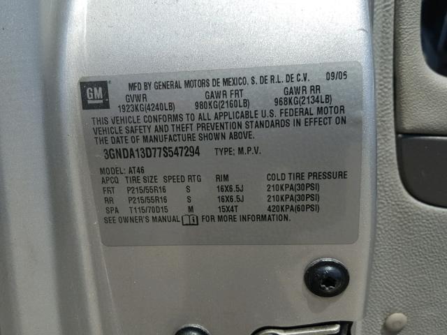 3GNDA13D77S547294 - 2007 CHEVROLET HHR LS SILVER photo 10