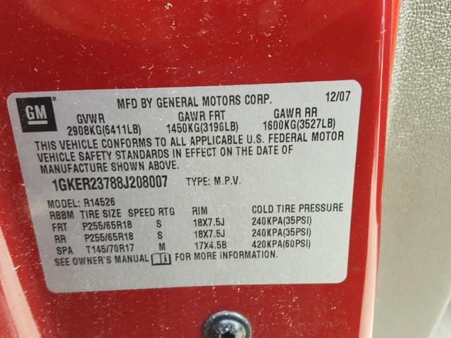 1GKER23788J208007 - 2008 GMC ACADIA SLT ბურგუნდია ფოტო 10