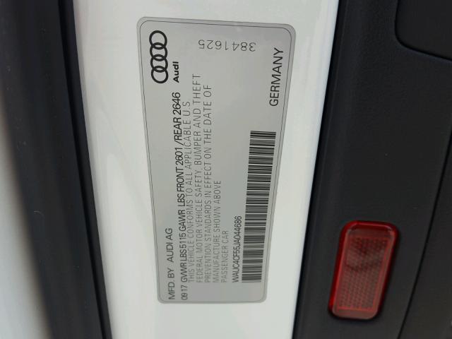 WAUC4CF55JA044686 - 2018 AUDI S5 PRESTIG WHITE photo 10