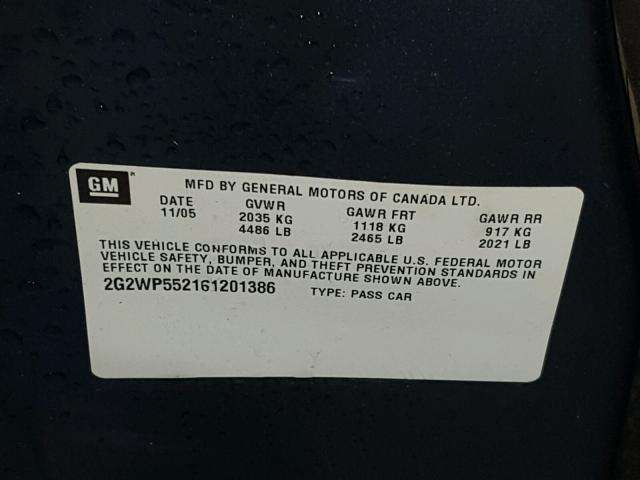 2G2WP552161201386 - 2006 PONTIAC GRAND PRIX Կապույտ լուսանկար 10