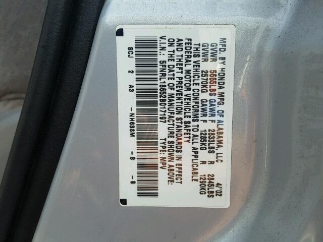 5FNRL18652B017197 - 2002 HONDA ODYSSEY EX SILVER photo 10