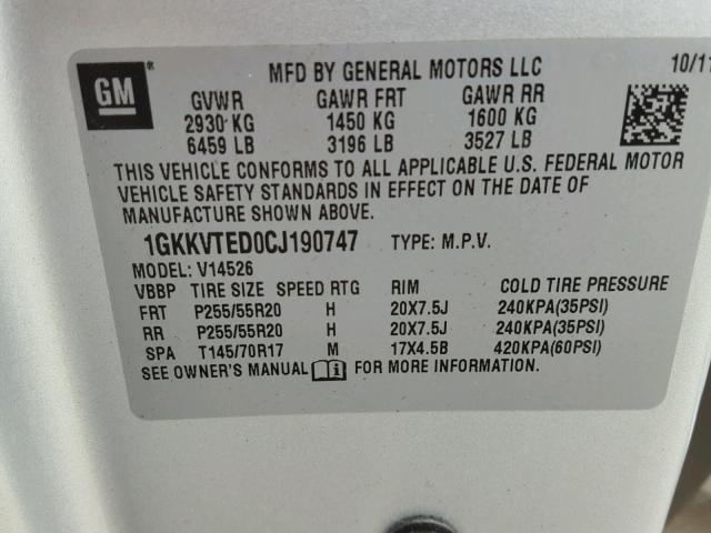 1GKKVTED0CJ190747 - 2012 GMC ACADIA DEN SILVER photo 10