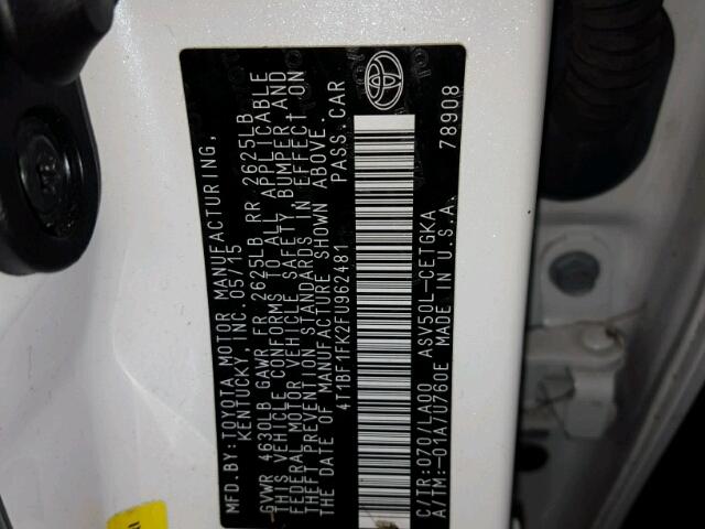 4T1BF1FK2FU962481 - 2015 TOYOTA CAMRY LE 白色 照片 10