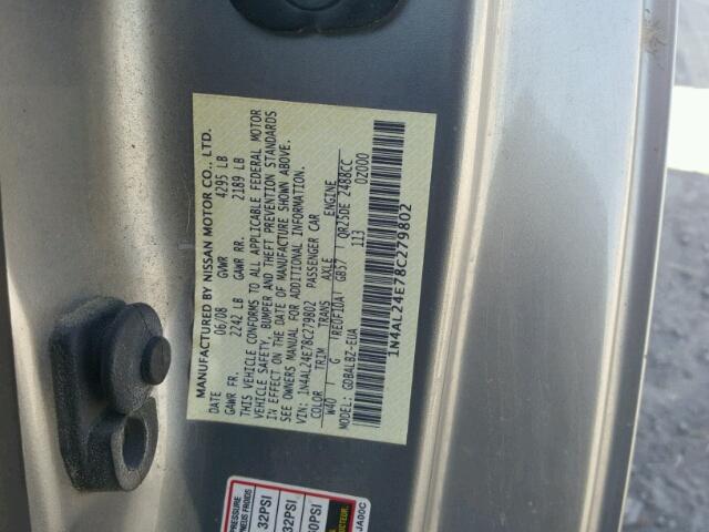 1N4AL24E78C279802 - 2008 NISSAN ALTIMA 2.5 GRAY photo 10