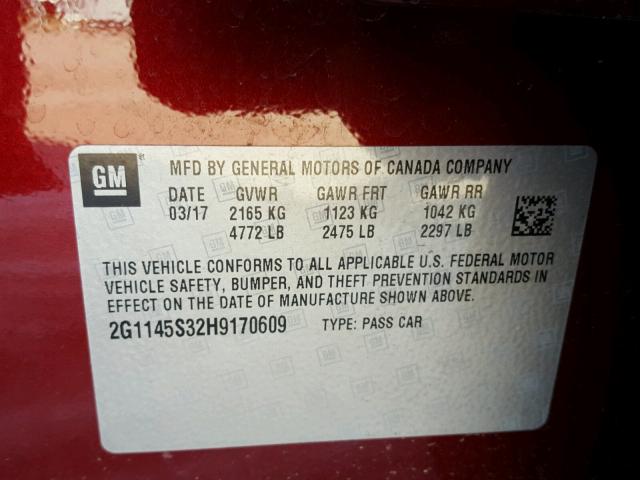 2G1145S32H9170609 - 2017 CHEVROLET IMPALA PRE წითელი ფოტო 10