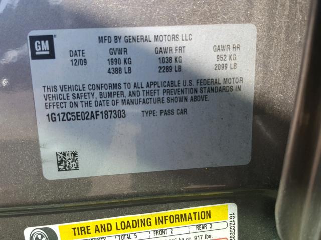 1G1ZC5E02AF187303 - 2010 CHEVROLET MALIBU 1LT 金色 照片 10