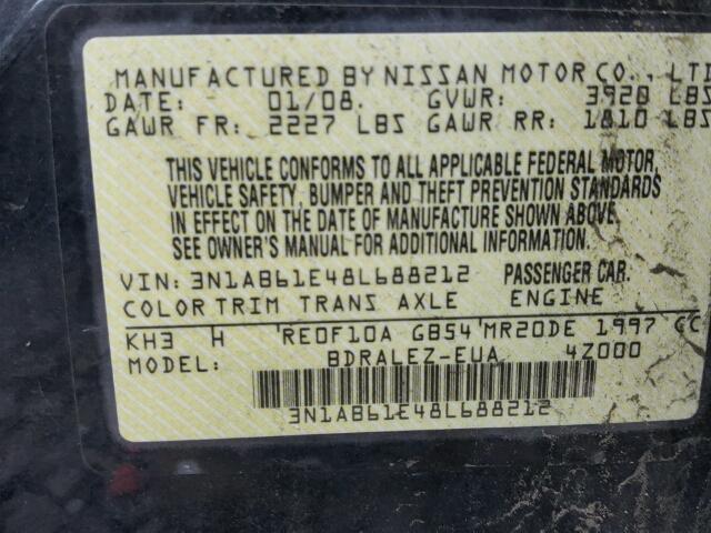 3N1AB61E48L688212 - 2008 NISSAN SENTRA 2.0 BLACK photo 10