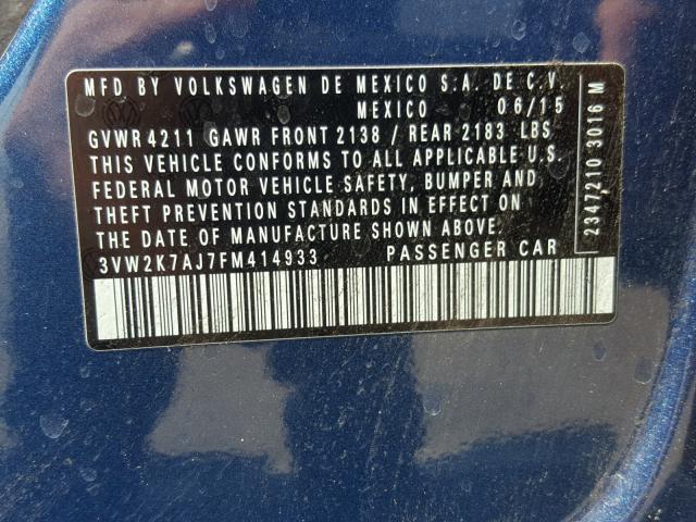 3VW2K7AJ7FM414933 - 2015 VOLKSWAGEN JETTA BASE 蓝色 照片 10