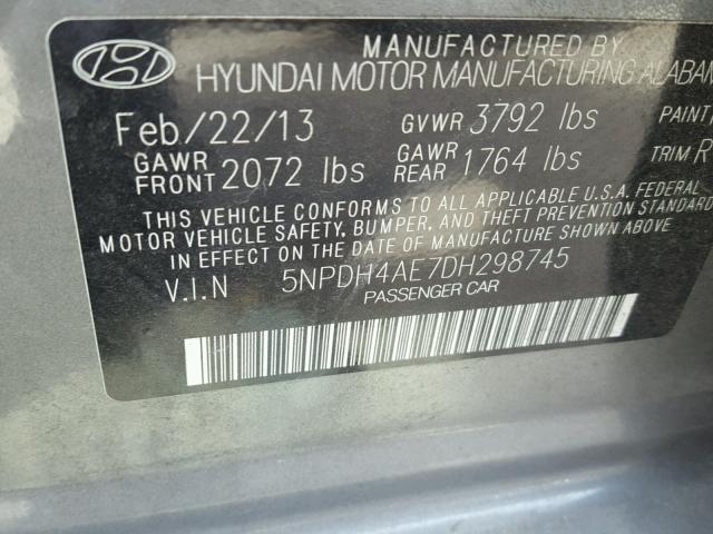 5NPDH4AE7DH298745 - 2013 HYUNDAI ELANTRA GL GRAY photo 10