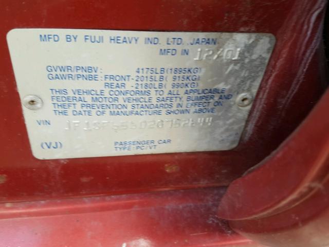 JF1SF65602G752644 - 2002 SUBARU FORESTER S RED photo 10