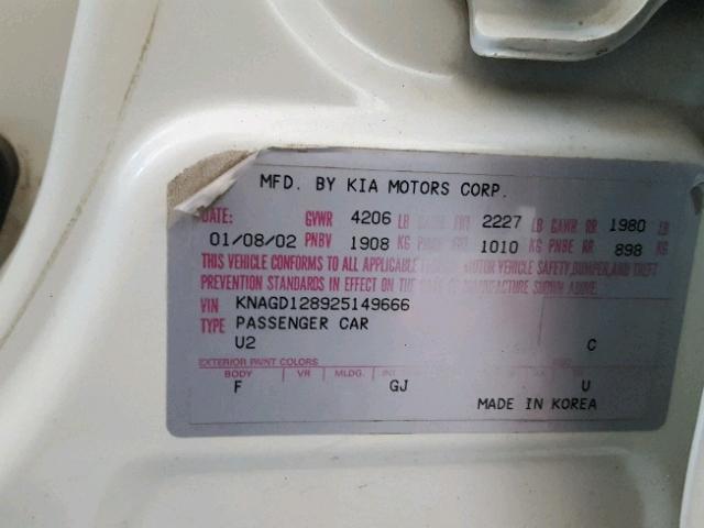 KNAGD128925149666 - 2002 KIA OPTIMA MAG WHITE photo 10