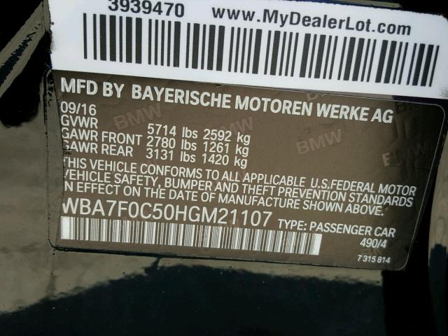 WBA7F0C50HGM21107 - 2017 BMW 750 I BLACK photo 10