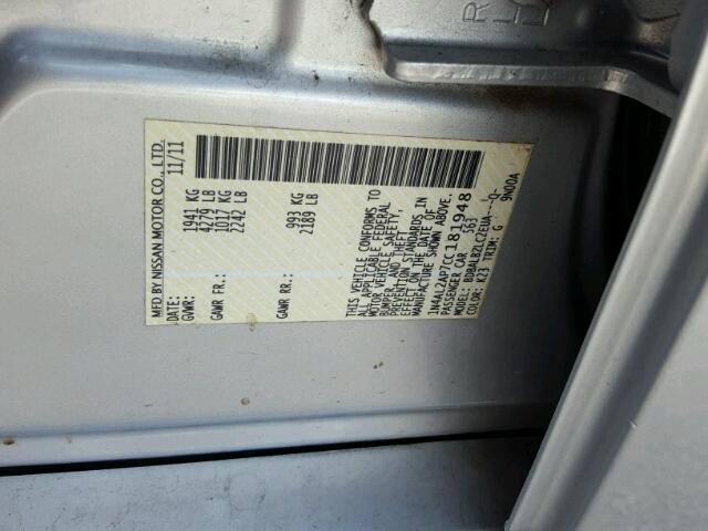 1N4AL2AP7CC181948 - 2012 NISSAN ALTIMA BAS SILVER photo 10