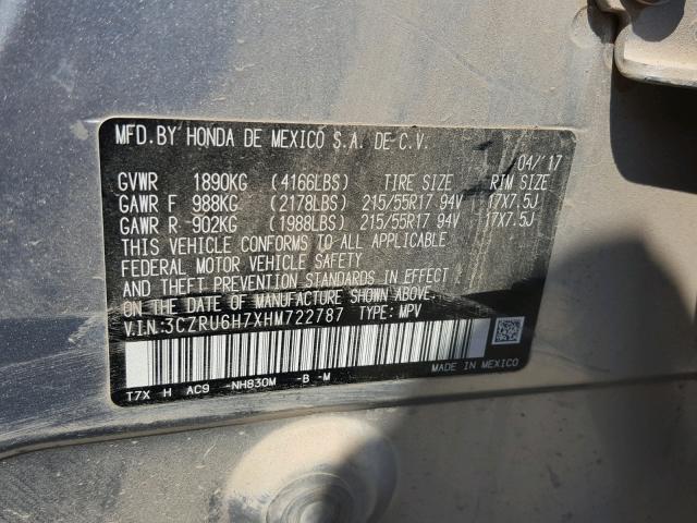 3CZRU6H7XHM722787 - 2017 HONDA HR-V EXL SILVER photo 10