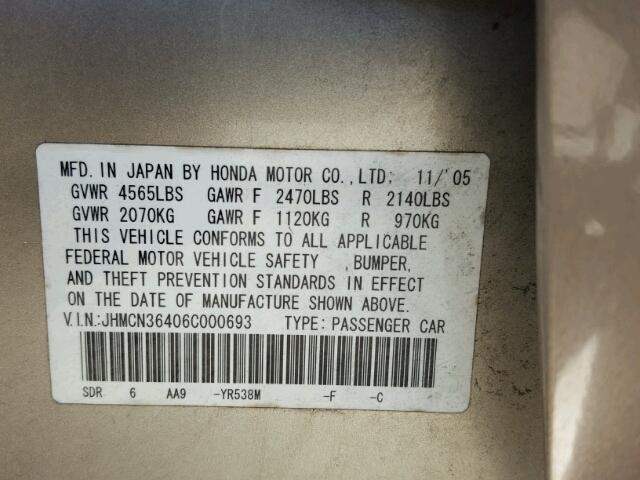 JHMCN36406C000693 - 2006 HONDA ACCORD HYB TAN photo 10