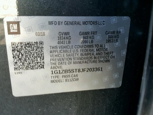 1G1ZB5ST8JF203361 - 2018 CHEVROLET MALIBU LS გრაფიტი ფოტო 10