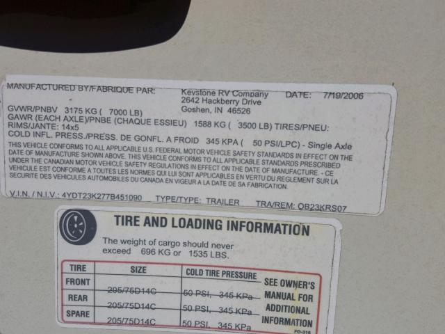 4YDT23K277B451090 - 2007 OUTB TRAVEL TRL WHITE photo 10