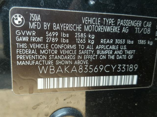 WBAKA83569CY33189 - 2009 BMW 750 I BLACK photo 10