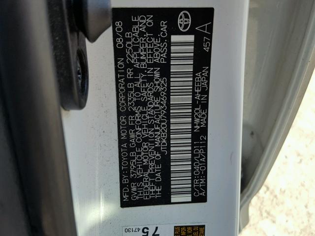 JTDKB20U793469325 - 2009 TOYOTA PRIUS WHITE photo 10