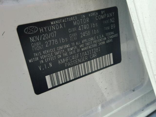 KMHFC46F18A311281 - 2008 HYUNDAI AZERA SE WHITE photo 10