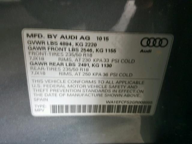 WA1EFCFS2GR008955 - 2016 AUDI Q3 PREMIUM GRAY photo 10