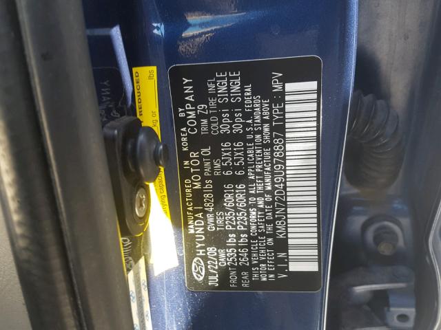 KM8JN72D49U978887 - 2009 HYUNDAI TUCSON SE BLUE photo 10