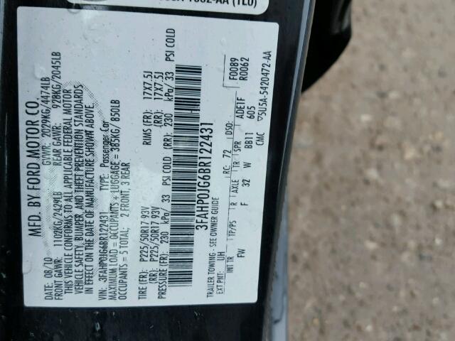 3FAHP0JG6BR122431 - 2011 FORD FUSION SEL BLACK photo 10