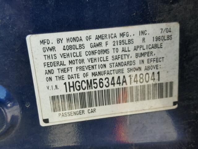 1HGCM56344A148041 - 2004 HONDA ACCORD LX BLUE photo 10