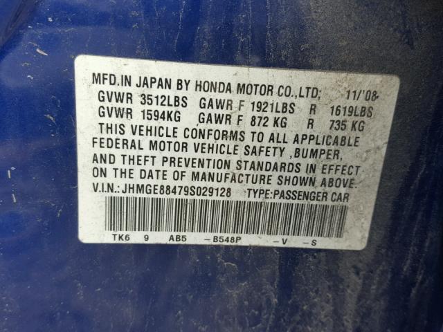 JHMGE88479S029128 - 2009 HONDA FIT SPORT BLUE photo 10