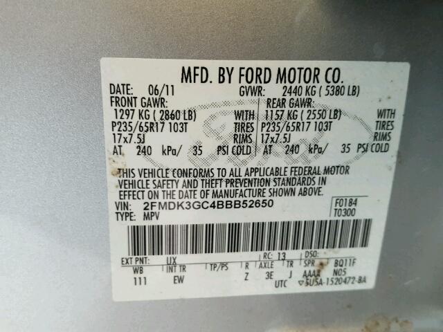 2FMDK3GC4BBB52650 - 2011 FORD EDGE SILVER photo 10