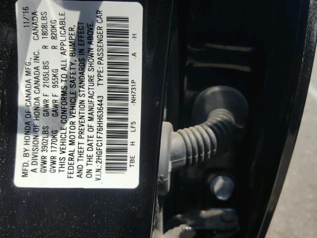 2HGFC1F76HH636443 - 2017 HONDA CIVIC EXL 黑色 照片 10
