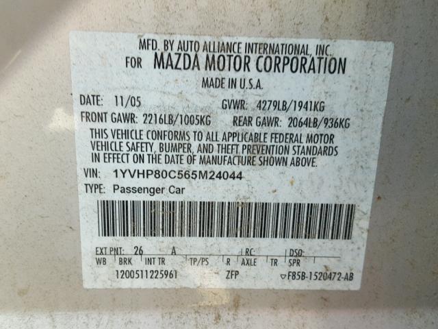1YVHP80C565M24044 - 2006 MAZDA 6 I Plata foto 10